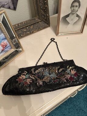 Black sequin White House Black Market Floral Evening Clutch
